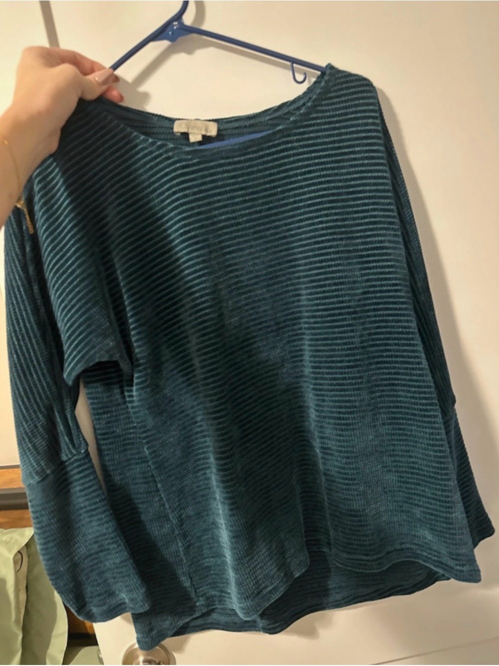 Chenault Teal Striped Long-Sleeve Boatneck Top